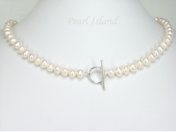 Classic White Roundish Pearl Necklace 7-7.5mm with T-bar Clasp