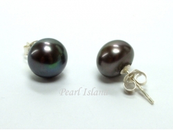 Classic Gun-Metal Grey Black Roundish Pearl Stud Earrings 7-8mm