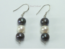 Harmony Black White 3 Pearls Earrings 7-8mm