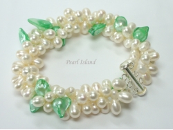 Elegance 3-Row Green & White Pearl Bracelet