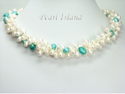 Elegance 3-Row Light Turquoise & White Pearl Necklace