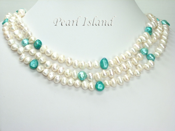 Natural 3-Row Baroque Pearl & Turquoise Beaded Necklace - White & Blue, Silver Toggle Clasp