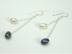 Stylish White Black Oval Pearl Long Earrings 6x7mm