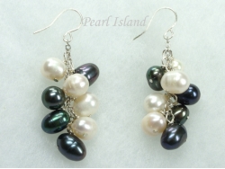 Stylish Black White Oval Pearl Cluster Earrings 6x7mm