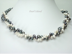 Stylish 2-Row Black & White Oval Pearl Necklace 5x7mm