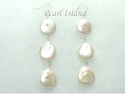 Bridal Pearls - Art Deco White Coin Pearl Earrings with 3 pearls