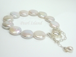 Art Deco White Coin Pearl Bracelet with Magnetic Clasp and Safety Chain