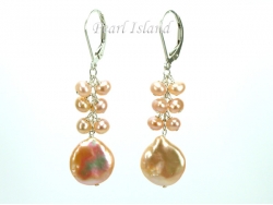 Art Deco Peach Pink Coin Pearl Long Earrings 12-13mm