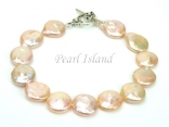 Art Deco Peach Pink Coin Pearl Bracelet with T-bar Clasp