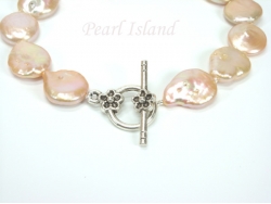 Art Deco Peach Pink Coin Pearl Necklace with T-bar Clasp