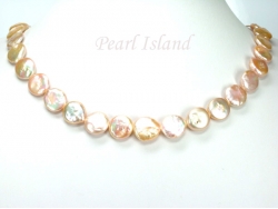 Art Deco Peach Pink Coin Pearl Necklace with Extension Chain