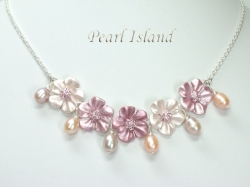 Petite Lavender Peach Oval Pearl Necklace with Flowers 