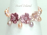 Petite Lavender Peach Oval Pearl Bracelet with Flowers & T-bar clasp