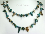 44 Inch Ardent Teal Green White Baroque & Blister Pearl Long Necklace