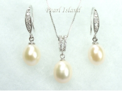 White Drop Pearl Pendant and Earring Set 8X11mm