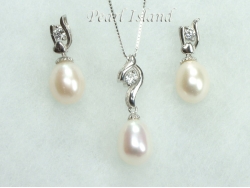 White Drop Pearl Elegant Pendant and Earring Set 8X11mm