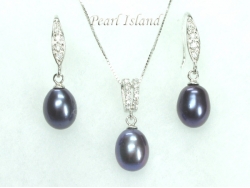 Peacock Black Drop Pearl Pendant and Earring Set 8X11mm