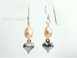 Peach Oval Pearl with Silver Heart Earrings 5x7mm