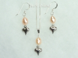 Small Peach Oval Pearl with Silver Heart Pendant and Earring Set 