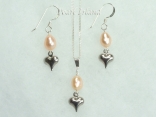 Peach Oval Pearl with Silver Heart Pendant and Earring Set 5X7mm