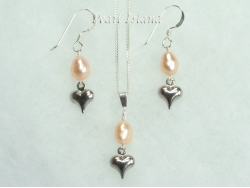 Peach Oval Pearl with Silver Heart Pendant and Earring Set 5X7mm