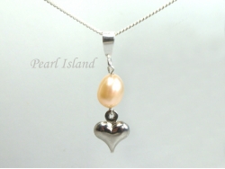 Small Peach Oval Pearl with Tiny Silver Heart Pendant Necklace
