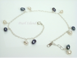 Pearl Ankle Bracelets - Sterling Silver Ankle Bracelet with White & Black Pearls 