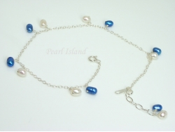 Pearl Ankle Bracelets - Sterling Silver Ankle Bracelet with White & Blue Pearls 