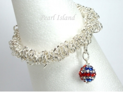 GB Union Jack Flag Crystal Clay Ball Charm Silver Elasticated Bracelet