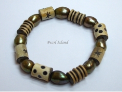 Pearls for Men - Green Baroque Pearl with Batik Beads Bracelet